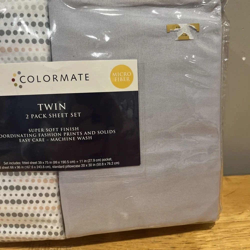 Colormate Twin Sheet Set Gray‎ Yellow Polka Dot Solid Sears Microfiber Vtg